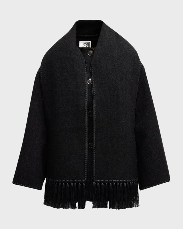Embroidered Fringe-Trim Scarf Wool Jacket